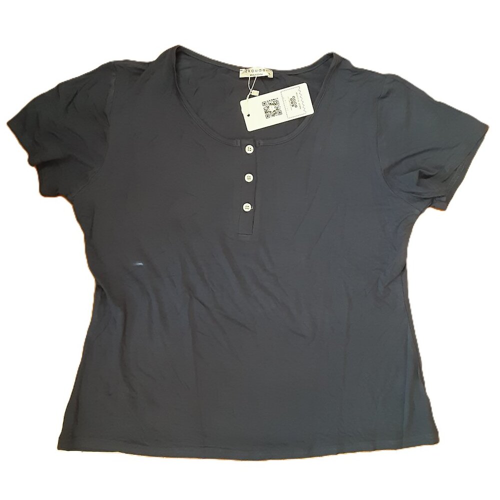 Ekouaer Woman's Top Size XL Dark Blue Button Neck Short Sleeve Viscose NWT